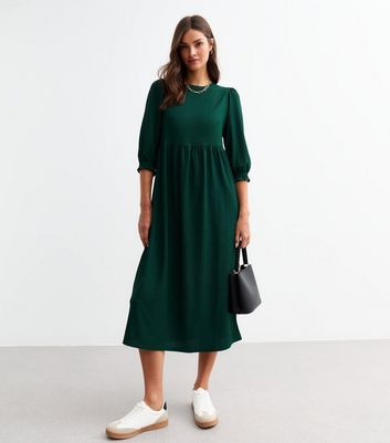 Long Sleeve Smock Dress Khaki Green Patterned