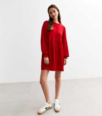 Red Crinkle Long Sleeve Mini Smock Dress