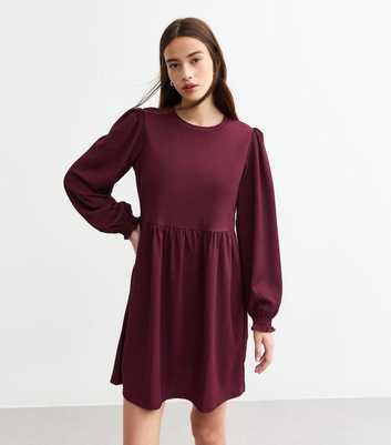 Burgundy Crinkle Long Sleeve Mini Smock Dress