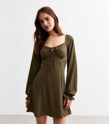 Khaki Square Neck Crinkled Long Sleeved Mini Dress