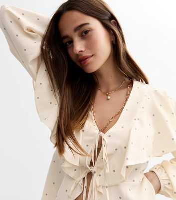 Cream Polka Dot Ruffle Tie Front Blouse 