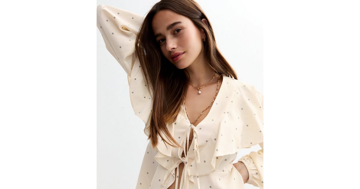 Cream Flounce Long Sleeve Blouse with Front Tie main image 0
