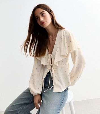 Cream Polka Dot Ruffle Tie Front Blouse | New Look