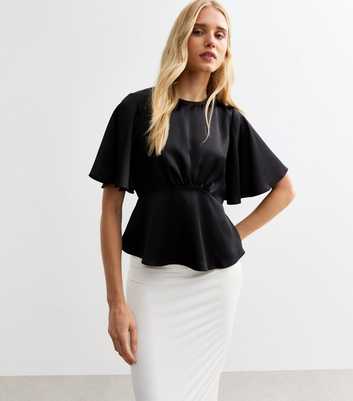 Black Satin Peplum Blouse 