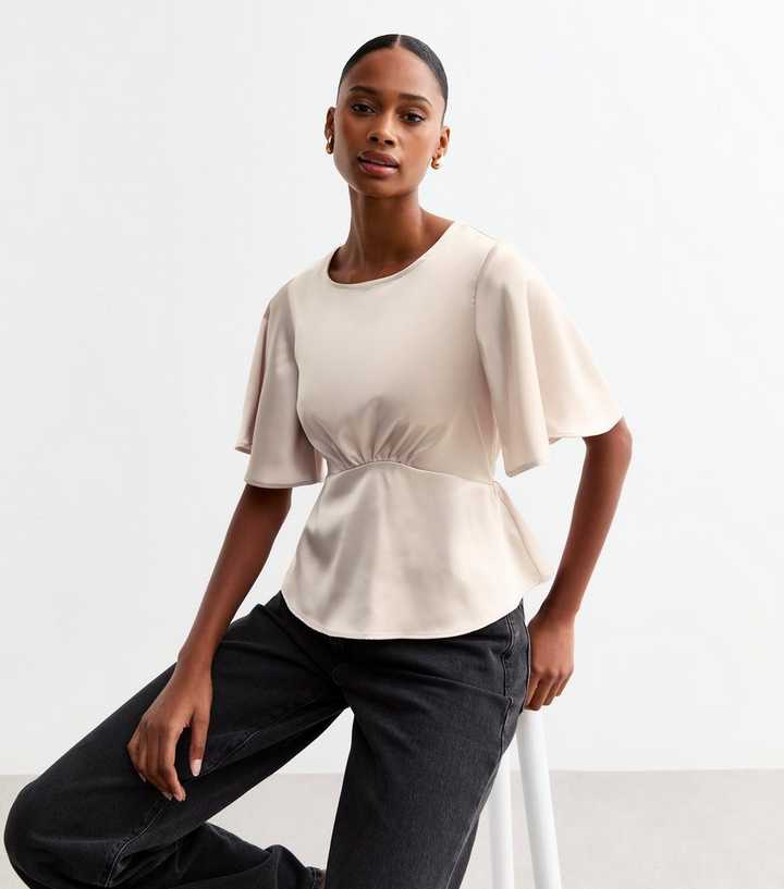 Cream Satin Peplum Blouse 