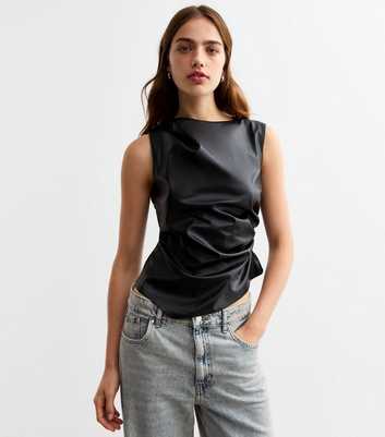 Black Ruched Leather-Look Sleeveless Top