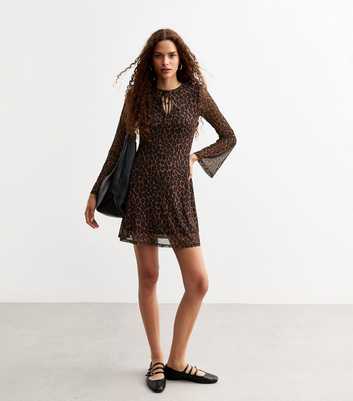 Brown Leopard Print Mesh Mini Dress