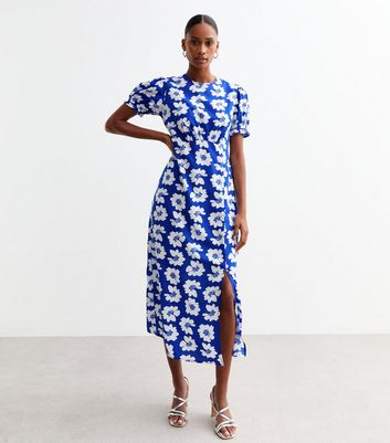 Blue Floral Print Short Sleeved Midi Dress New Look