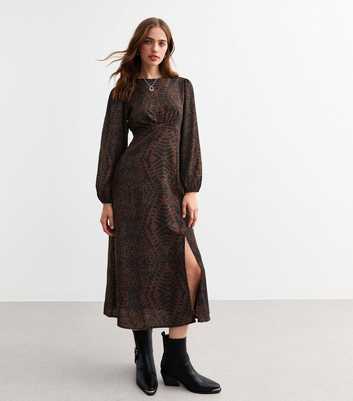 Brown Animal Print Long Sleeve Split Hem Midi Dress