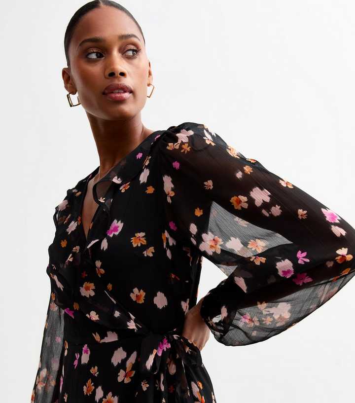 Black Floral Wrap Chiffon Midi Dress