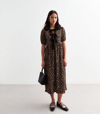 Brown Leopard Print Tie Detail Puff Sleeve Crinkled Midi Dress New Look