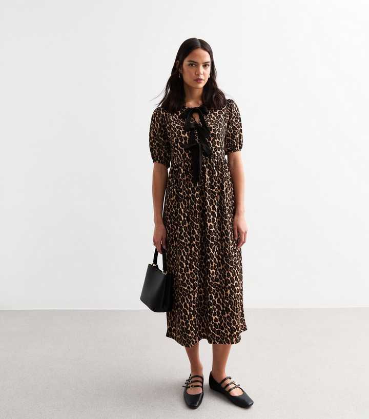 Brown Leopard Print Tie Detail Puff Sleeve Crinkled Midi Dress