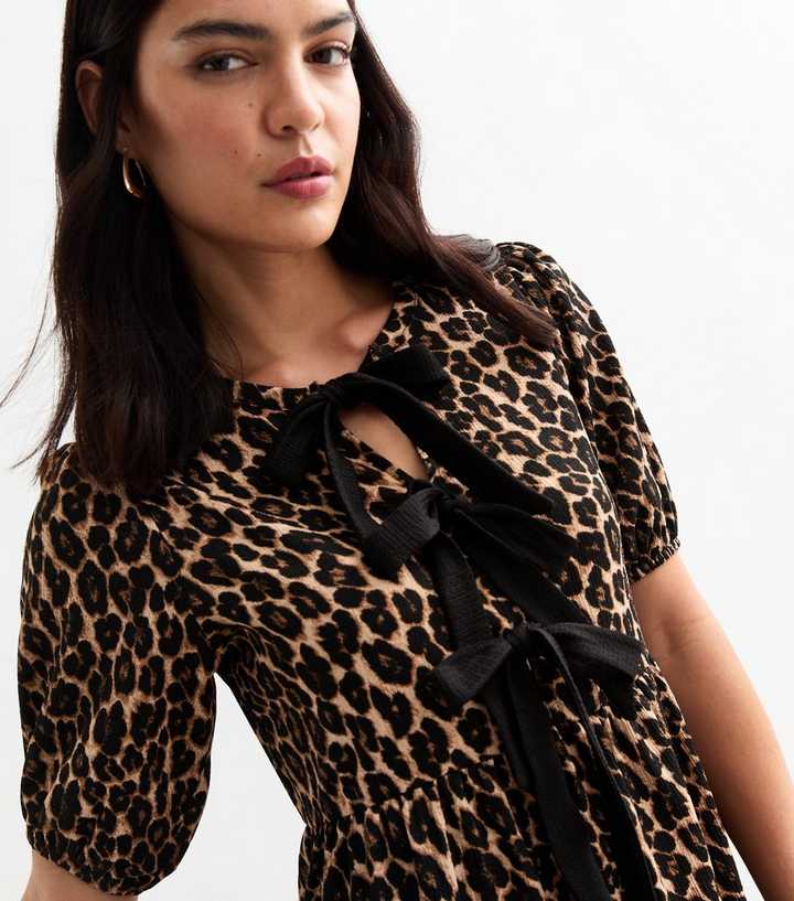 Brown Leopard Print Tie Detail Puff Sleeve Crinkled Midi Dress | New Look