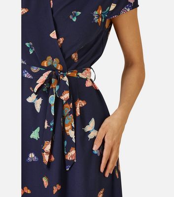 Mela Navy Butterfly Print Wrap Midi Dress New Look