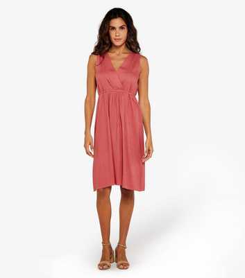 Apricot Pink Pleated Linen-Look Knee Length Dress