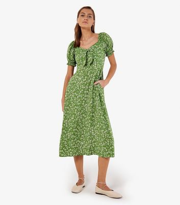 Apricot Green Ditsy Floral Bow Detail Midi Dress New Look