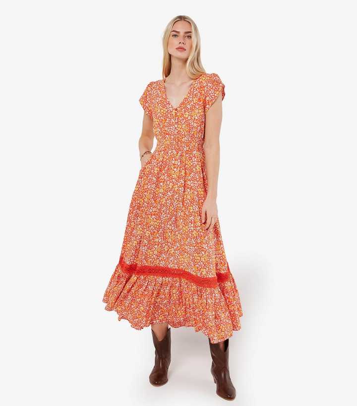 Apricot Orange Ditsy Floral Crochet Trim Maxi Dress Apricot Orange Ditsy Floral Crochet Trim Maxi Dress