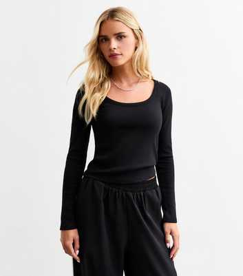 Petite Black Ribbed Scoop Neck Long Sleeved Top 