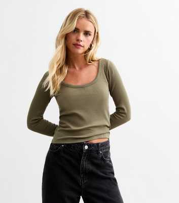 Petite Khaki Ribbed Scoop Neck Long Sleeved Top 