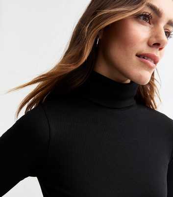 Petite Black Rib Roll Neck Top