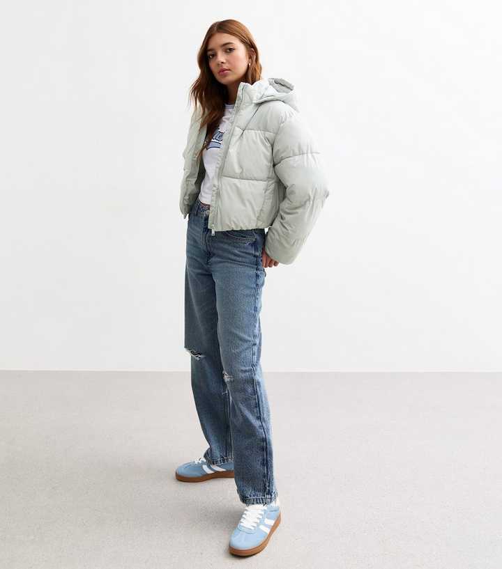 Girls Grey Crop Hooded Puffer Jacket