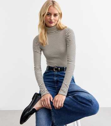 Tall Off White Striped Rib Jersey Roll Neck Top