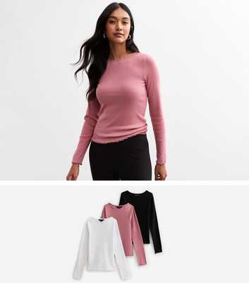 3 Pack of Multicoloured Frill Trim Long Sleeve Tops 