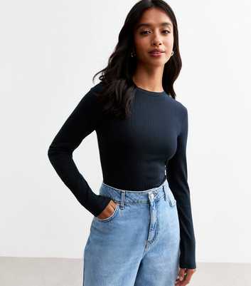 Petite Navy Blue Crew Neck Ribbed Bodysuit