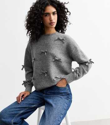 Grey Gem Embellished Bow Sparkle Jumper 