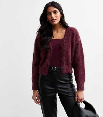 Burgundy Fluffy Button Up Cardigan