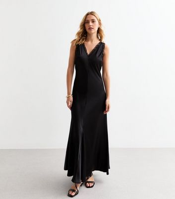 Satin Lace Trim Strappy Maxi Dress