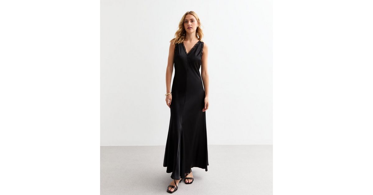 Black Lace Trim Sleeveless Satin Maxi Dress | New Look