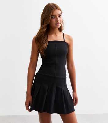 Girls Black Strappy Pleated Dress