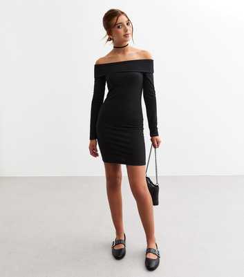 Girls Black Bardot Ribbed Jersey Dress