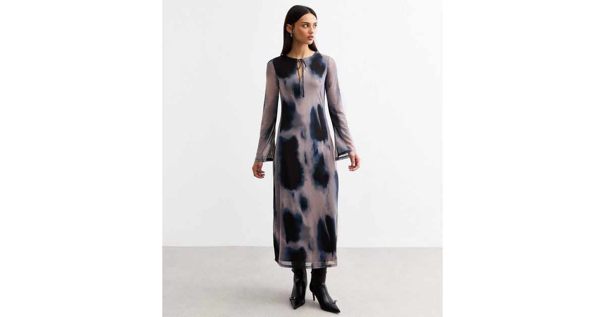 grey tie dye dress Print Mesh Midi royal-blue