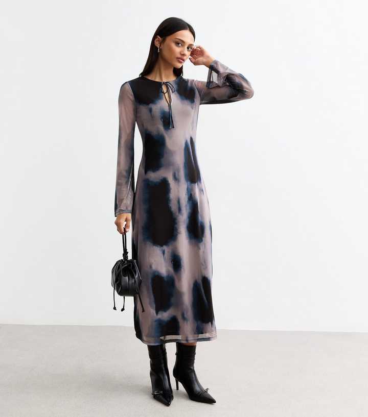 Grey Tie Dye Print Mesh Midi Dress