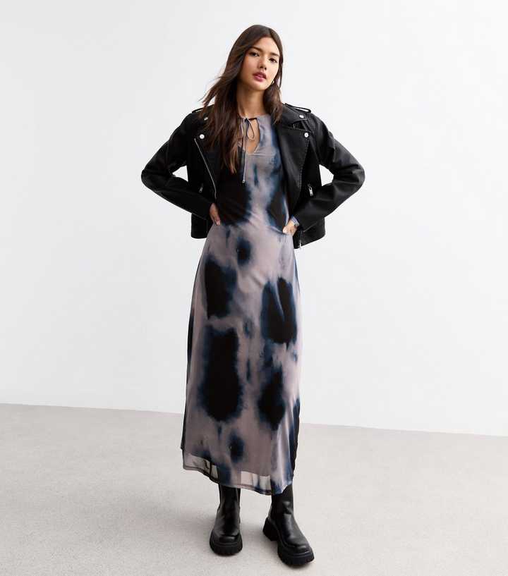 Grey Tie Dye Print Mesh Midi Dress