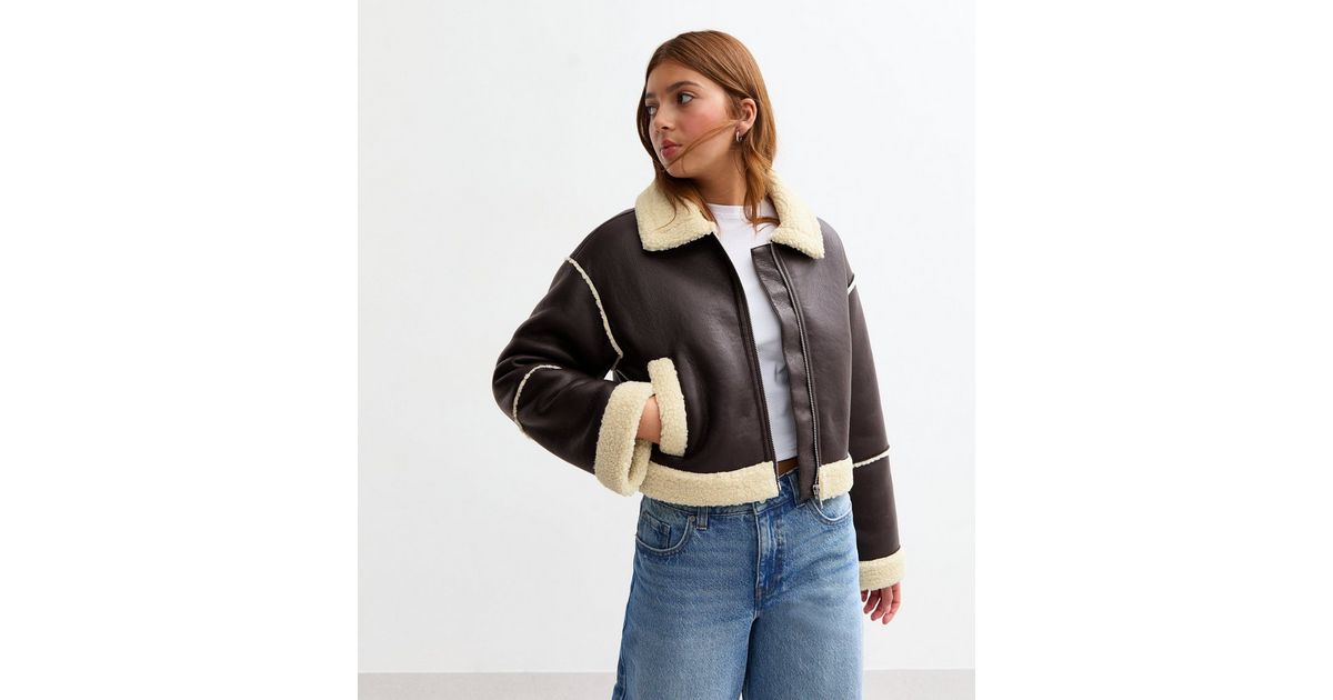 Brown Faux Leather Aviator Jacket Ladies Faux Fur Lined Zip Detail