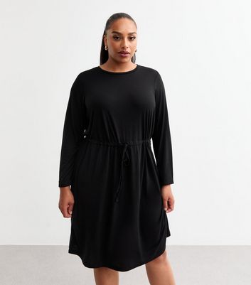 Curves Black Long Sleeve Jersey Drawstring Dress New Look