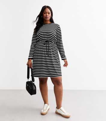 Curves Black Striped Drawstring Long Sleeves Dress