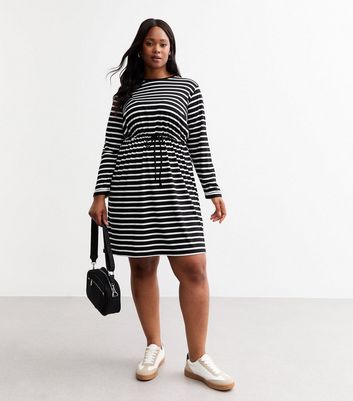 Curves Black Striped Drawstring Long Sleeves Dress New Look