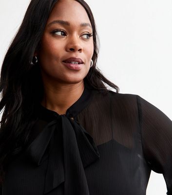 Curves Black Chiffon Tie Neck Peplum Blouse | New Look
