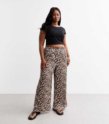 Curves Brown Leopard Print Satin Wide Leg Trousers