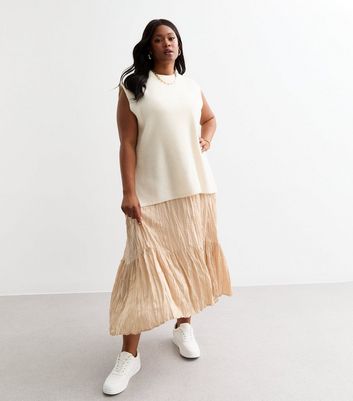 Curves Cream Crinkle Satin Maxi Skirt New Look