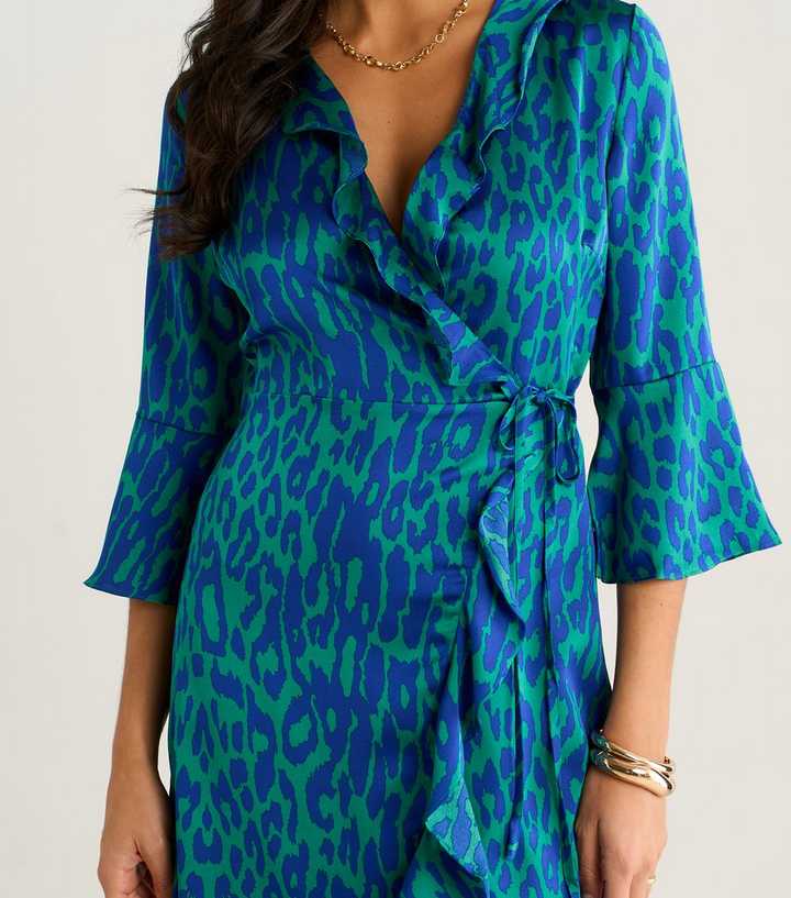 leopard print wrap dress green Gini London Animal Ruffled mini cocktail dresses