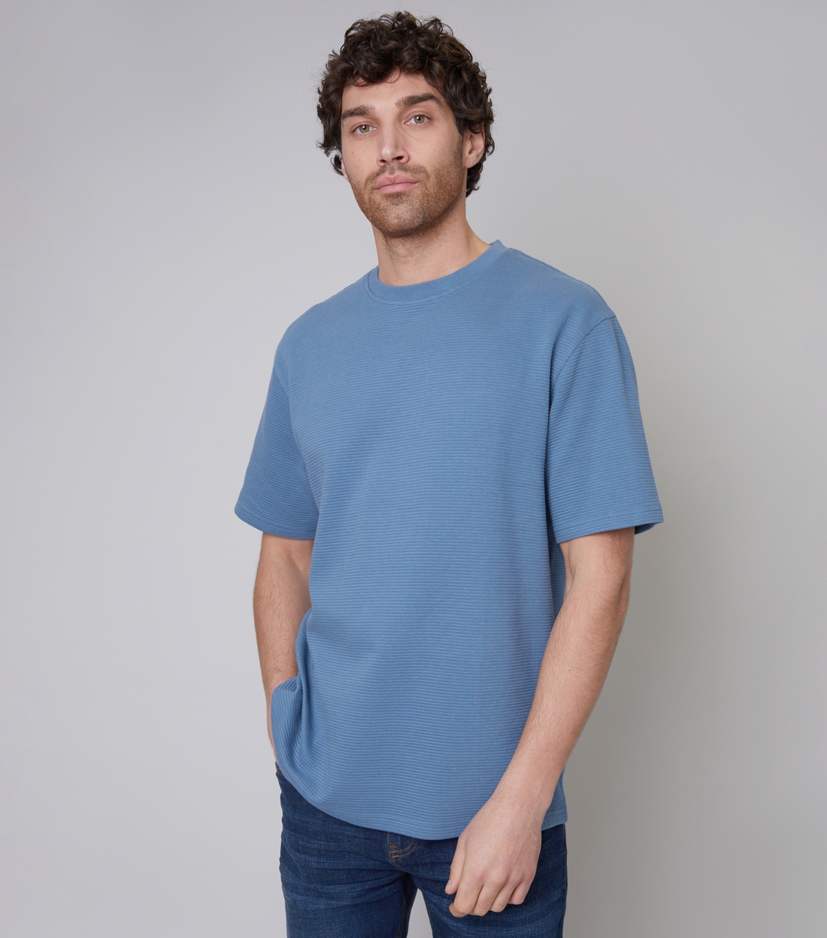 Men's Blue Relaxed Rib Cotton T-Shirt Threadbare New Look