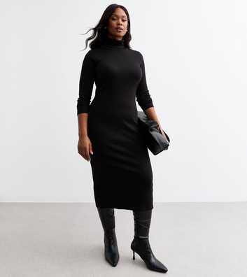 Curves Black Roll Neck Stretch Cotton Midi Dress