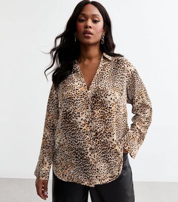 Curves Brown Leopard Print Crepe Shirt New Look