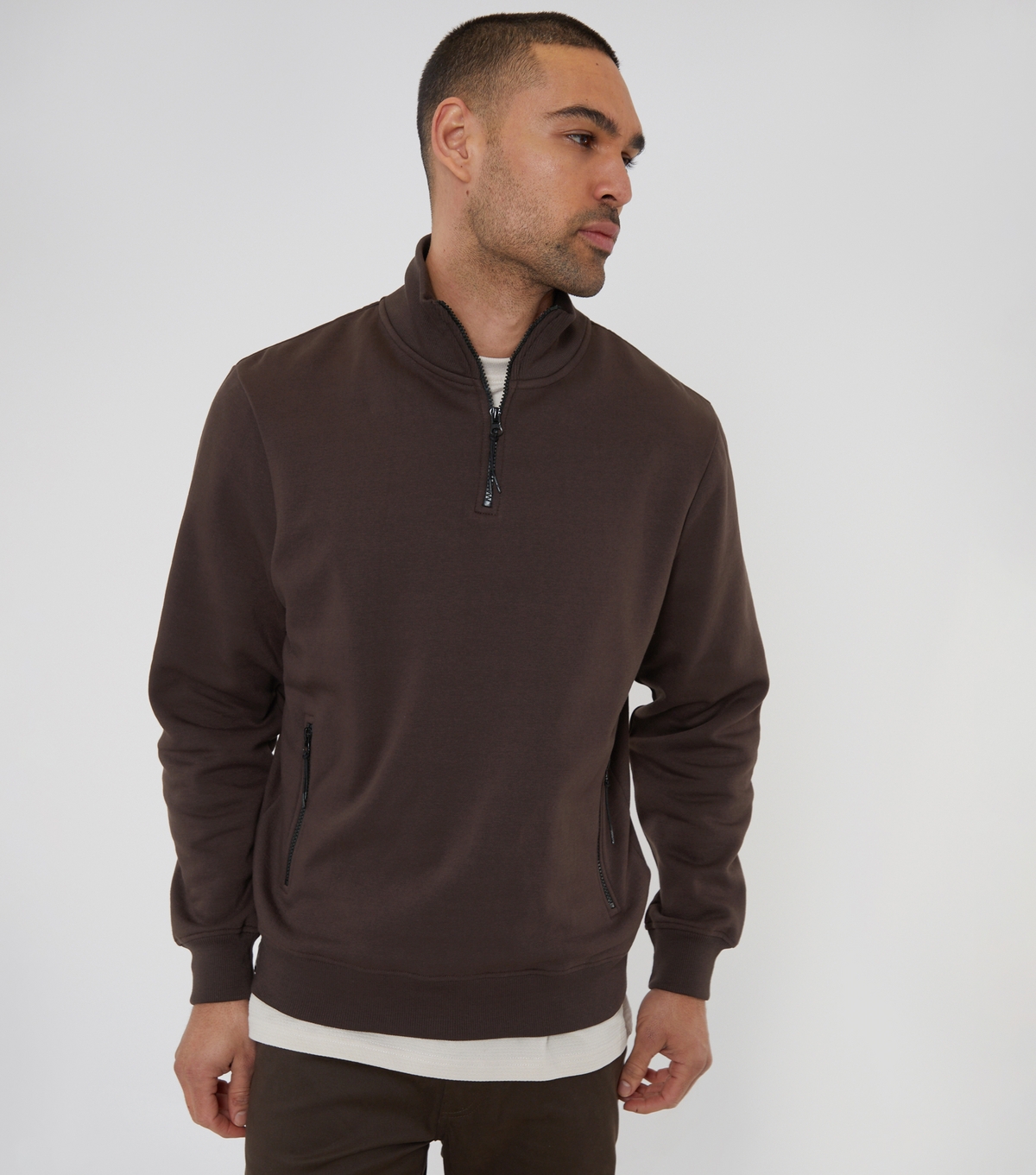 Men's Brown Regular Quarter Zip Sweatshirt Threadbare New Look