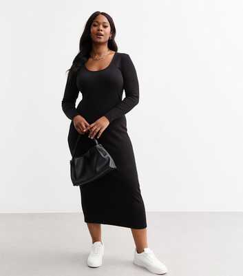 Curves Black Scoop Neck Ribbed Jersey Midi Dress